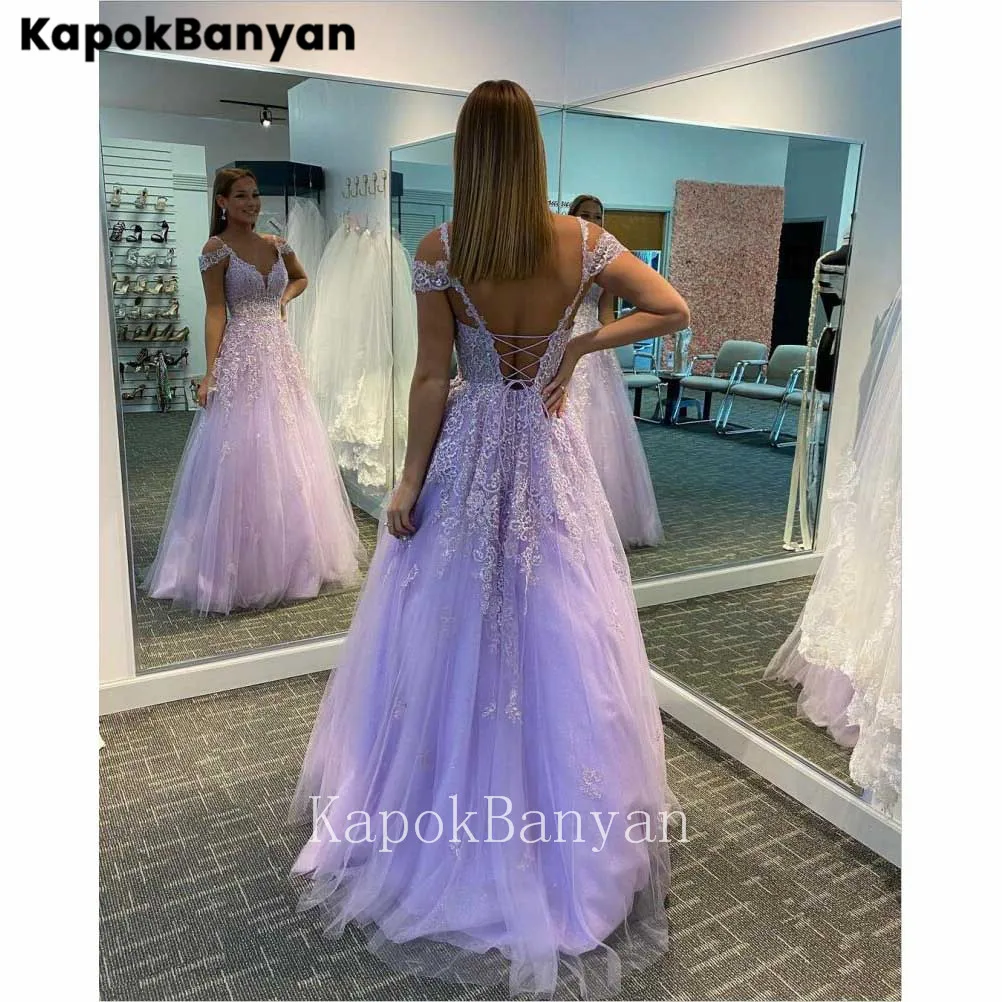 V-목 레이스 Applique Tulle 댄스 파티 드레스 레이스 Backless 바닥 길이 공식적인 이브닝 가운