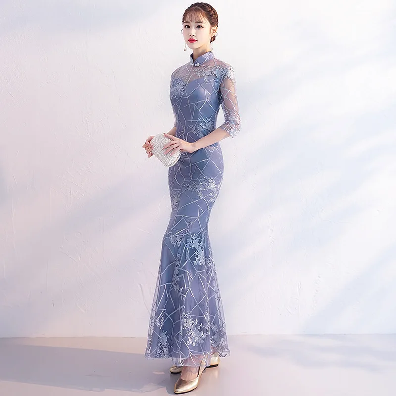 Long Mermaid Evening Party Dress Women Sexy Mandarin Collar Dress Ladies Slim Bodycon Elegant Formal Gowns