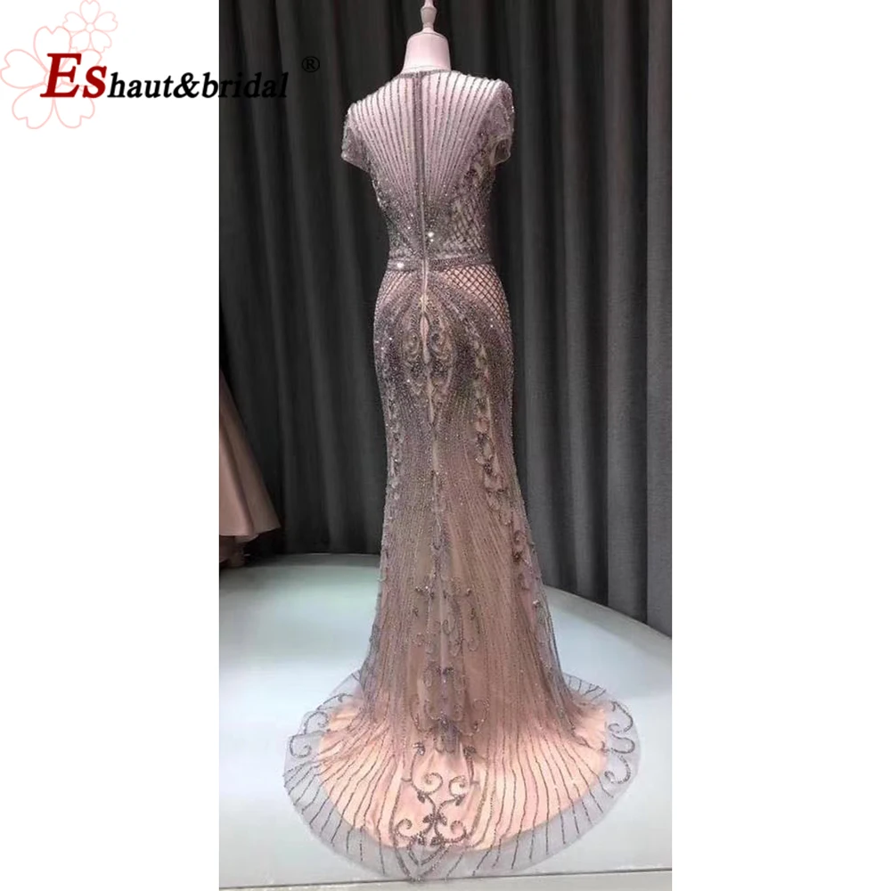 Elegant Mermaid Evening Night Dress for Women 2023 Crystal Handmade Cap Sleeves O Neck Long Formal Prom Wedding Party Gowns