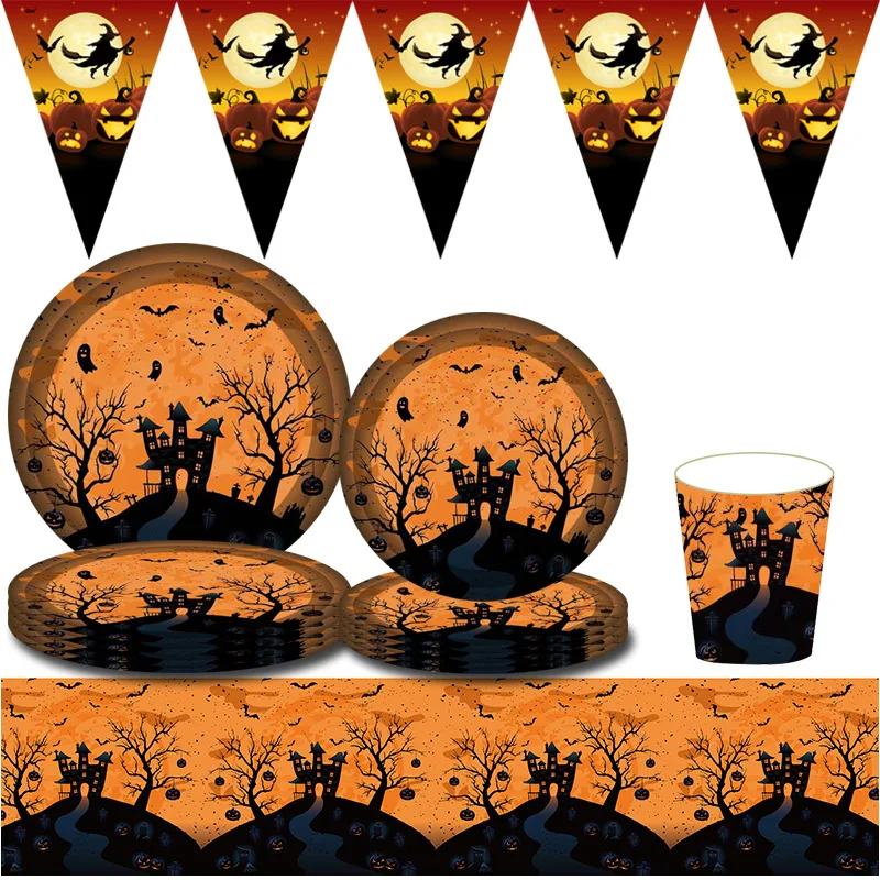 Orange Black Halloween Party Disposable Tableware Sets Halloween Castle Decorations For Home Dinner Set Paper Plates Tablecloths