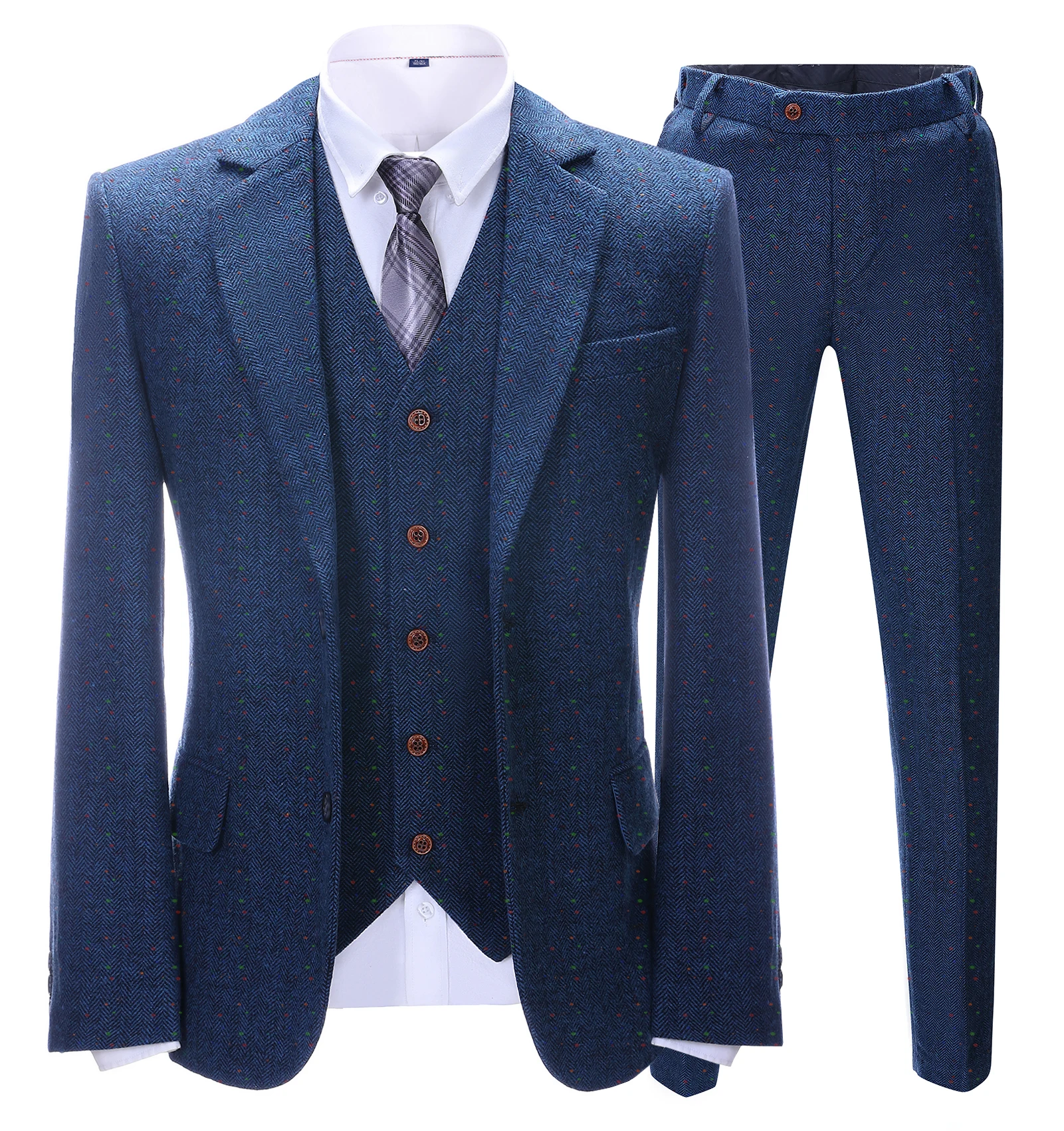 SOLOVEDRESS Men's Suit Formal Herringbone 3 Piece Blue Set Business Meeting Office Customization (blazer + vest + pants)