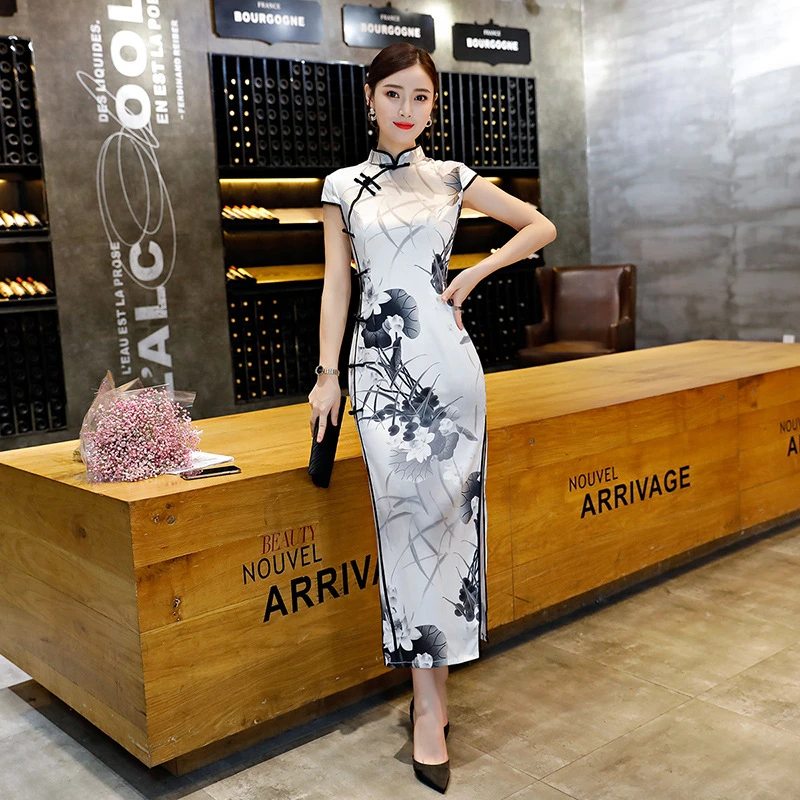 17 Color Chinese dress cheongsam long summer retro simulation silk cheongsam banquet daily cheongsam dress XL cheongsam dress