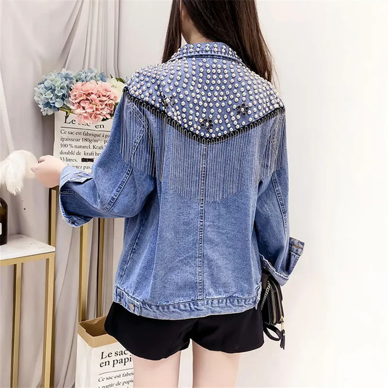 Black Denim Jacket Women Spring Heavy Work Rivet Chain Tassel Jeans Chaqueta Mujer Casual Long Sleeve Streetwear Female Outwear