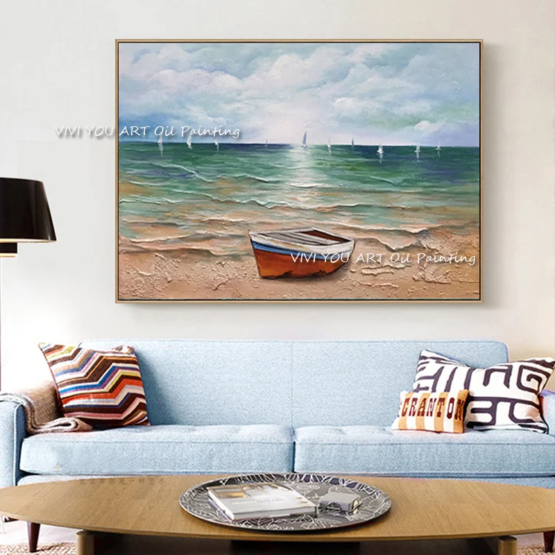 100% Hand-painted Blue Ocean Landscape Boats Oil Painting on Canvas  High Quality Hawaii Beach for Living Room Decoration