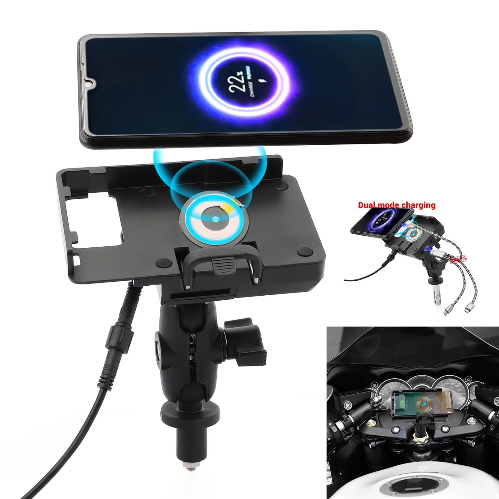 Motorcycle GPS Wireless/ USB Quick Charger Holder 17-22mm Fork Stem Mount Mobile Phone Holder For CBR250RR 18-20 CBR500R 13-20