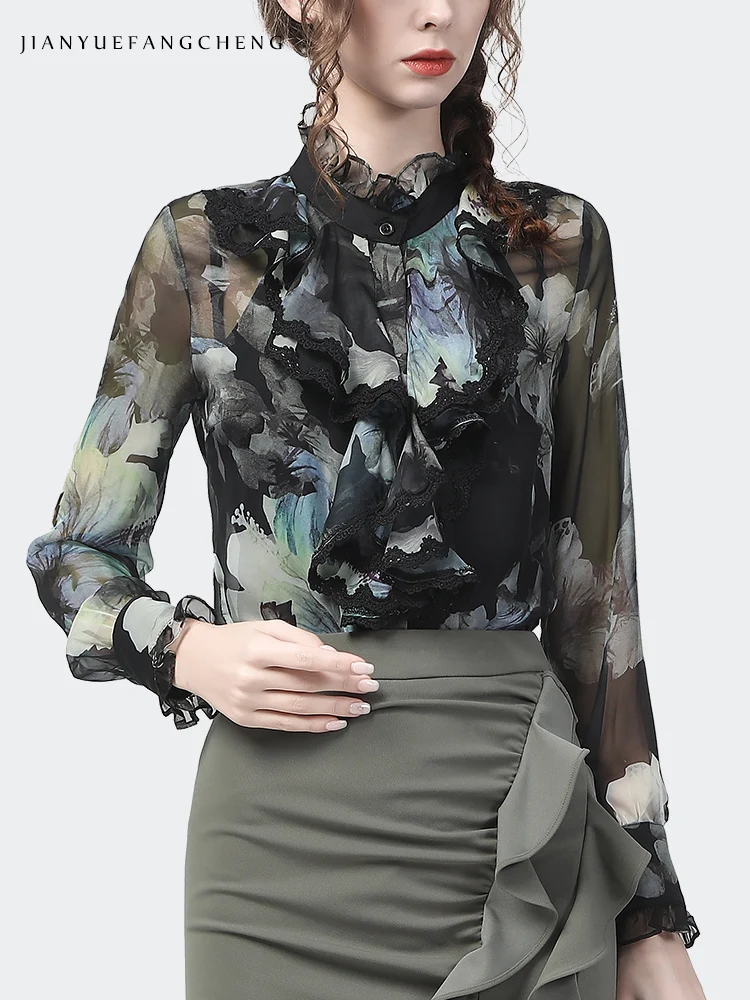 Fashion Cascading Ruffles Chiffon Floral Blouse Women Spring Summer Long Sleeve Ruffled Collar Tops Loose Casual Female  Shirts