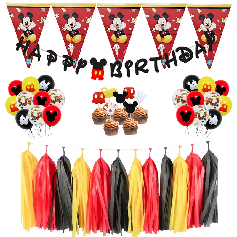 

45pcs/lot Mickey mouse Party Decor Kids Baby Shower Banner Cake decoration Tassel Birthday Supplies Decorations Dinner Set