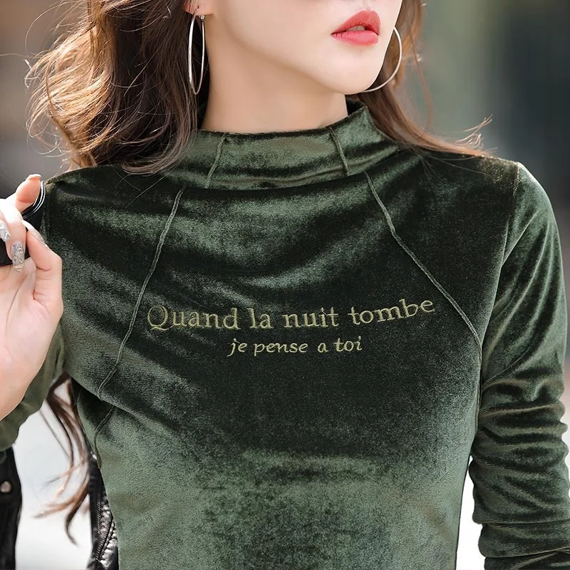 #0321 Autumn Winter Long Sleeve T Shirt Women Pleuche Slim Casual Basic T Shirt Female Embroidery Letter Velvet Solid Color Warm