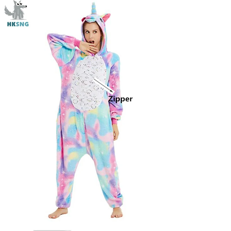 

Flannel New Kigurumi Adult Stars Unicorn Onesie Cartoon Pajama Animal Halloween Party Costume Jumpsuits Hooded Pyjamas Suit