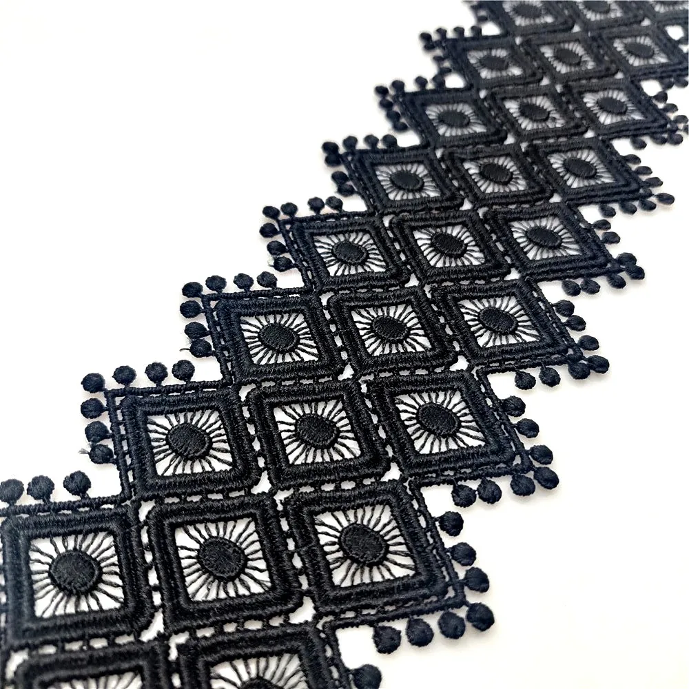 Pom Pom Embroidered Lace Fabric 75 mm Wide Black White Hollow Out Lace DIY Sewing For Dress Clothing Decoration, Sell By Yard