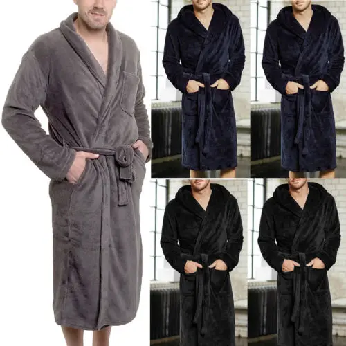 Men\'s Fall Long Sleepwear Flannel Robes Shawl Collar Fleece Bathrobe Spa Pajamas