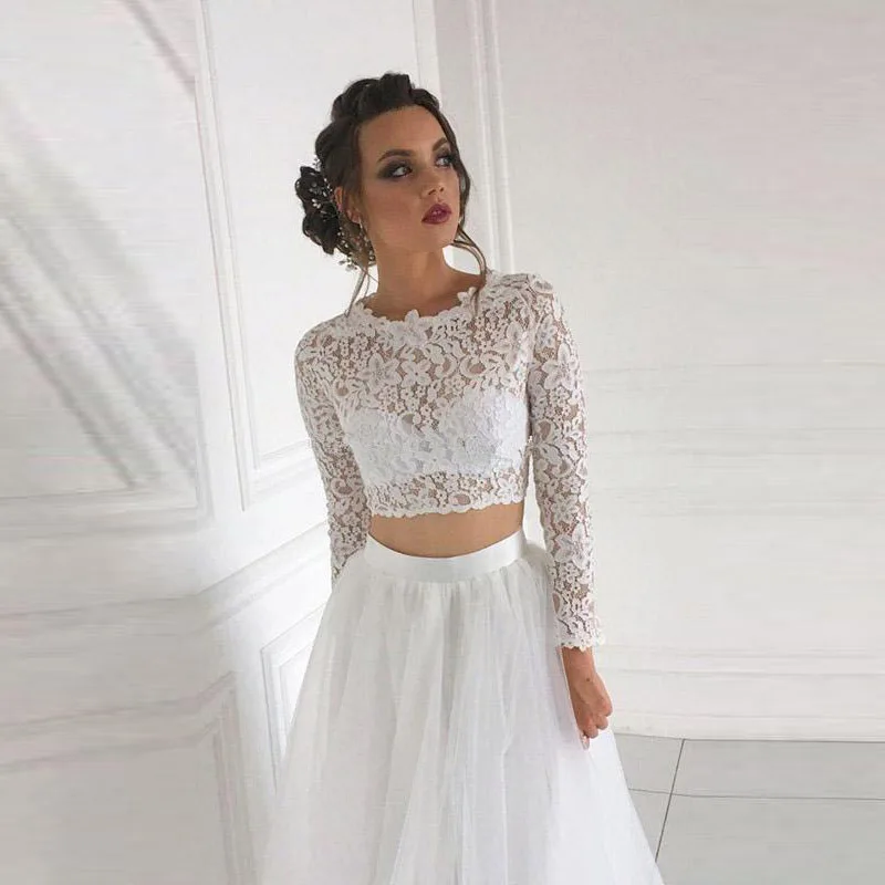 Charming Auf Verkauf Zwei Stück Spitze Langarm Braut Hochzeit Kleider Jewel Neck Illusion Zurück Brautkleider für Braut Voller länge