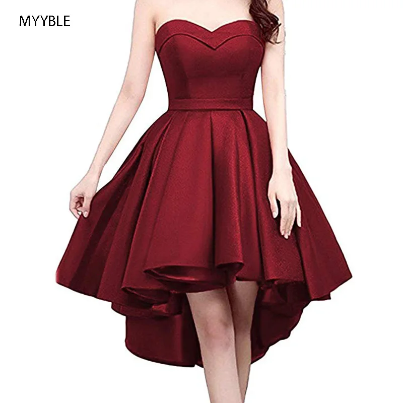 MYYBLE-Vestido simples curto sem alças Prom Homecoming, High-Low Satin Party Gown, Querida, Em estoque, 2024