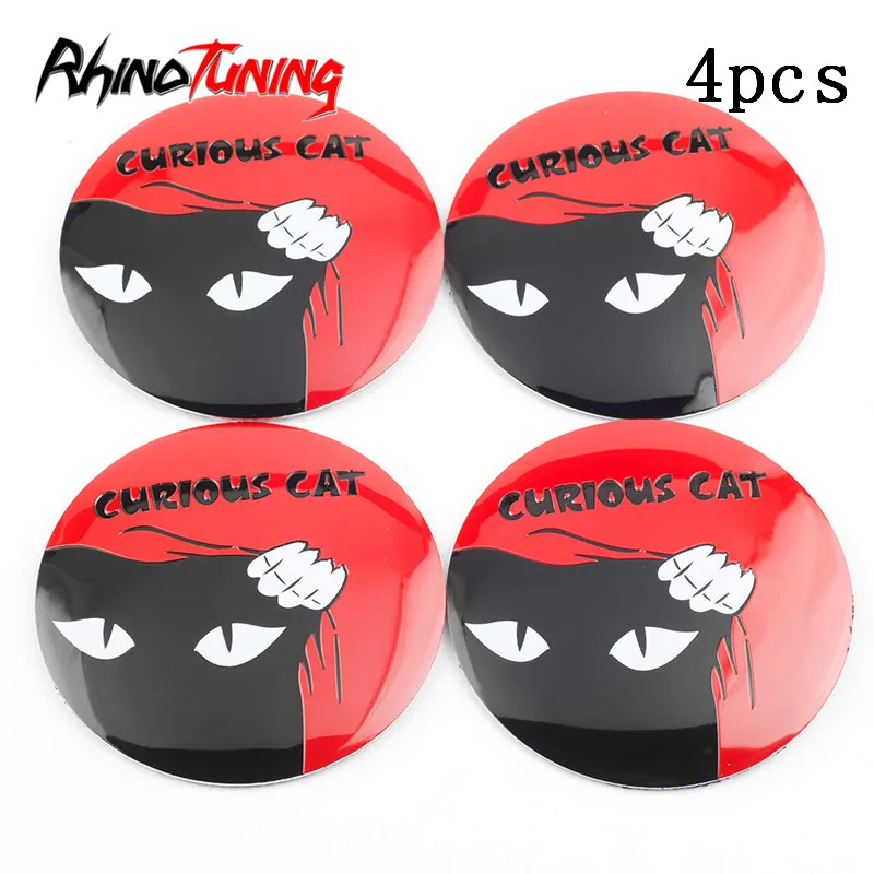 Rhino Tuning 4pcs 61mm(2.40in) Car Wheel Center Hubcap Stickers Curious Cat Pattern Logo Curved surface Badge Emblem For Rims