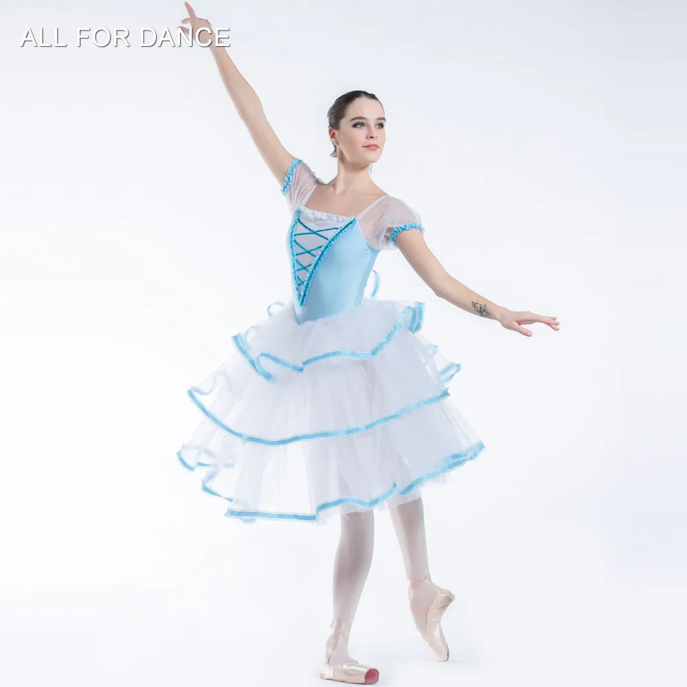 19338 Costume da ballo a maniche corte con corpetto blu pallido Tutu di balletto per ragazza e donna Costume da balletto per performance sul palco Tutu di balletto romantico