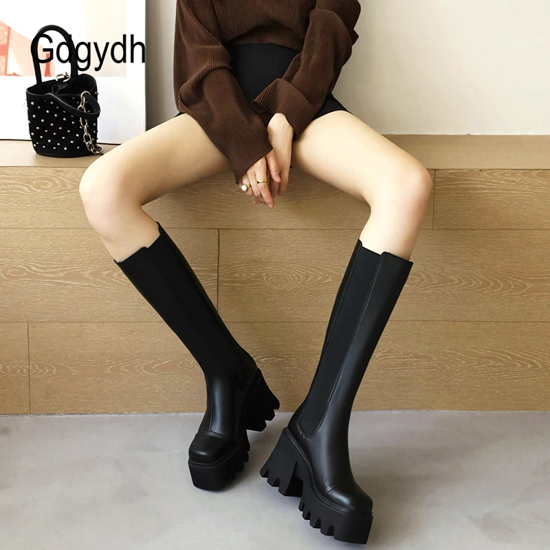 Gdgydh Goth Boots Women Knee High Boots Platform Plus Size Chunky Heel Black Fall Punk Fur Boots Office Lady Soft Leather Street