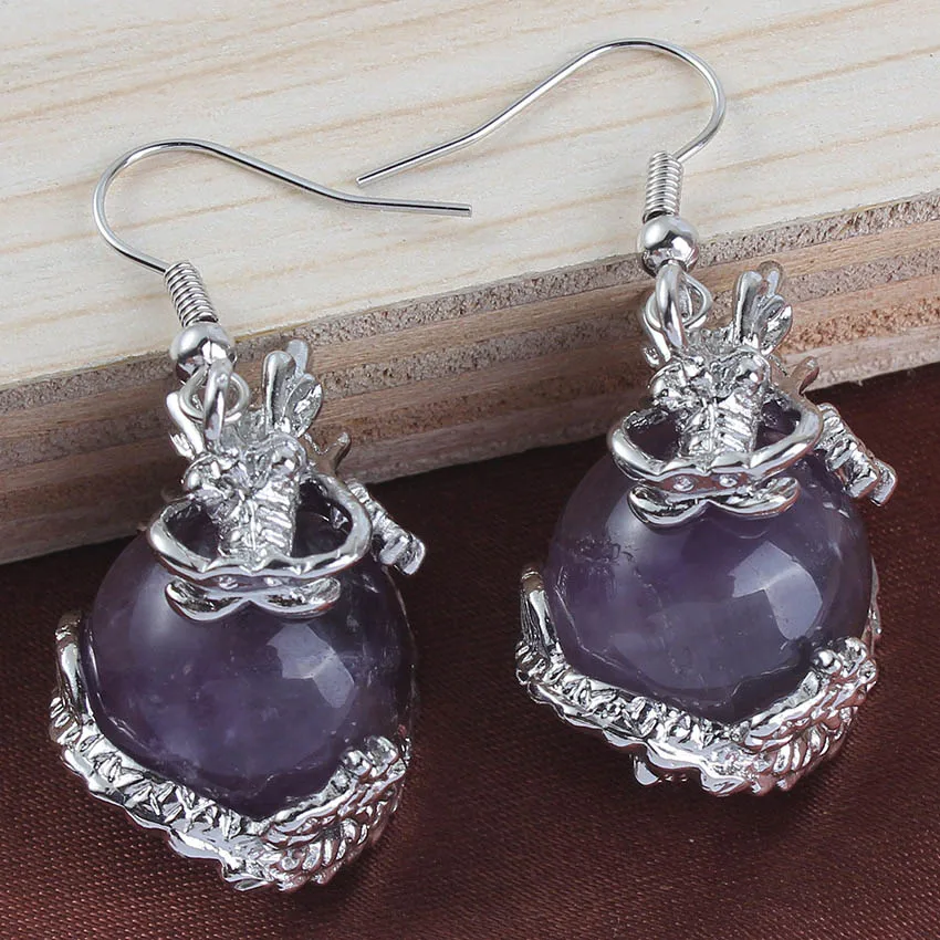 Dragon Crystal Ball Stone Beads Earrings For Women Girls Natural Amethyst Rose Quartz Agates Dangle Hook Stone Earring Jewelry