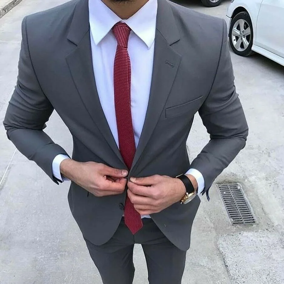 

Formal Wedding Men's Dark Gray Slim Fit Suit Two Button Notch Lapel Groom Tuxedos Formal Party Prom Suit 2 PCS Blazer + Pants