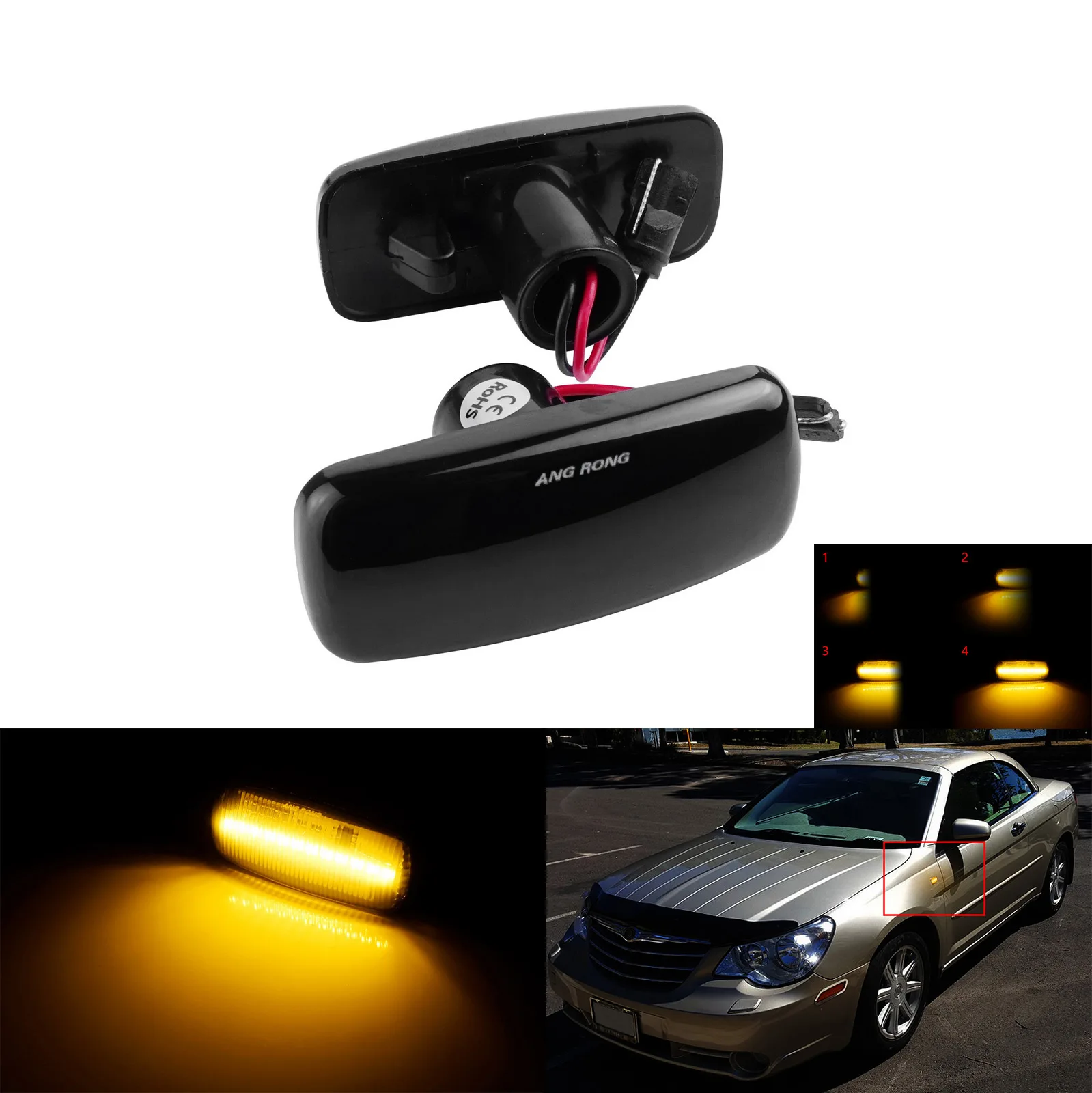 ANGRONG 2X Dynamic LED Side Marker Turn Signal Light Amber Black Lens For Dodge Charger Avenger Nitro Grand