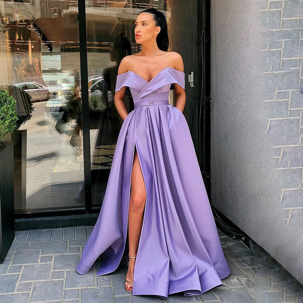 

Vinca Sunny Sexy Off Shoulder Satin Evening Dresses Long High Slit Evening Gown Elegant High Waist Prom Dress Robe De Soiree