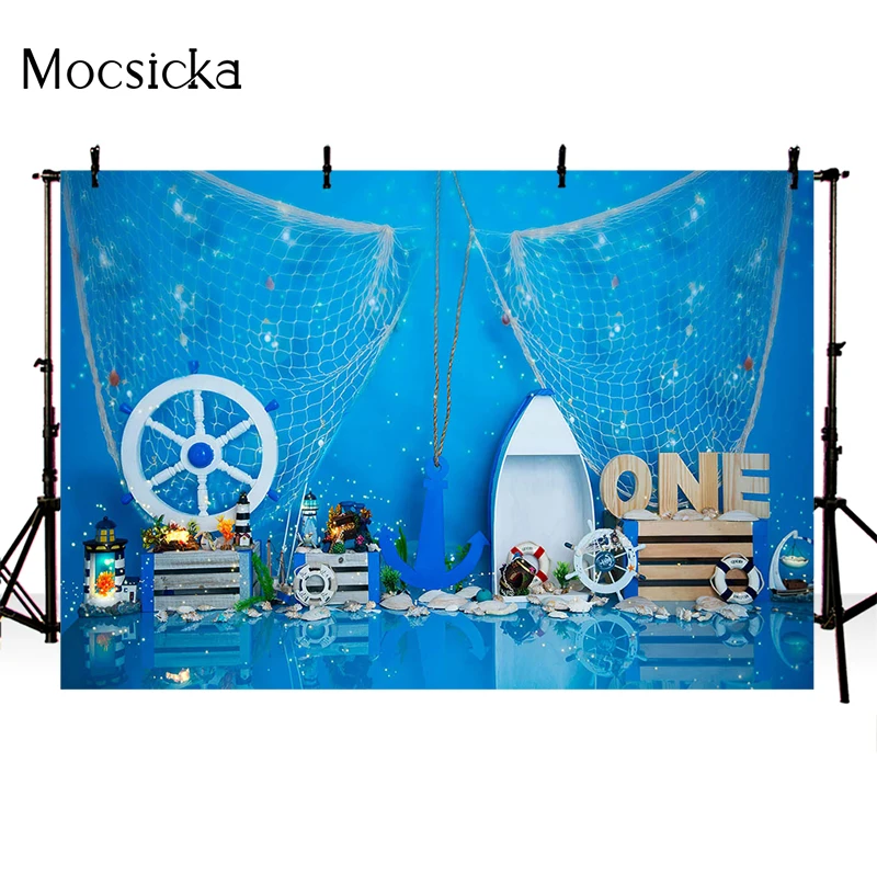 Mocsicka Baby Shower Photography Background Fishing Net Ship Rudder Decoration Props 1st Birthday Child Portrait Photo Banner