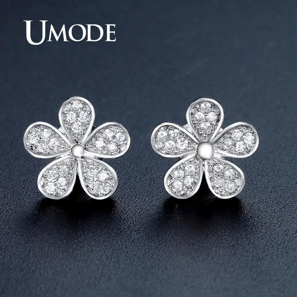 UMODE Cute Flower Shape Stud Earrings for Women White Gold Color Jewelry Fashion Blossom Boucle D\'oreille Femme Christmas UE0321