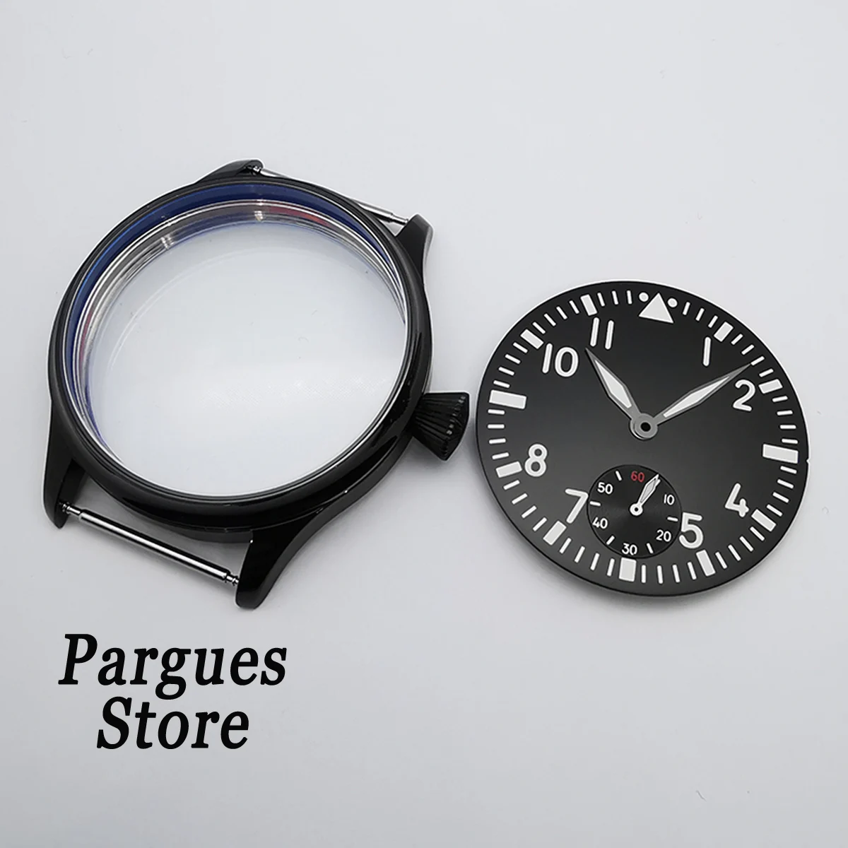 Pargues 44mm Stainless Steel Black PVD Sterile Watch Case Dial Hands Fit ETA 6498 ST3620 Manual Winding Movement