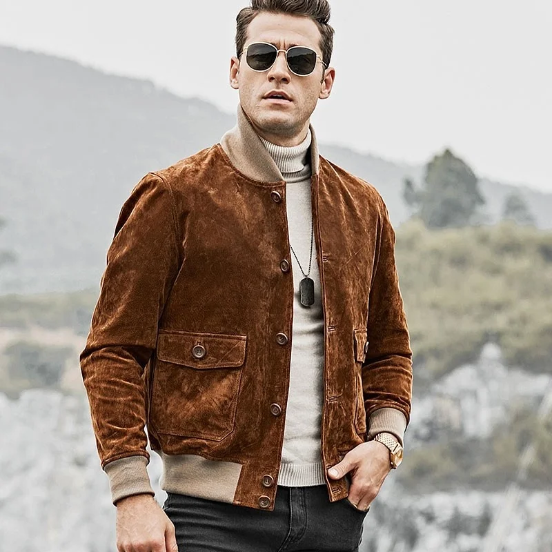 

Quality High Genuine Leather Pigskin Slim Fit Mens Short Jackets Rib Sleeve Stand Collar Single Breasted Causual Coats Plus Size