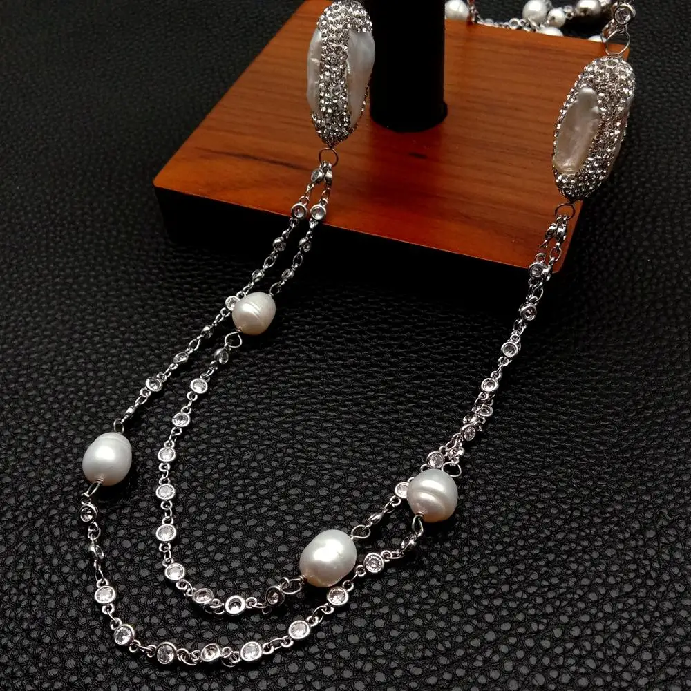

YYGEM Cultured White Biwa Pearl cz pave white gold plated bezel set chain Necklace Long Fashion Jewelry 40"
