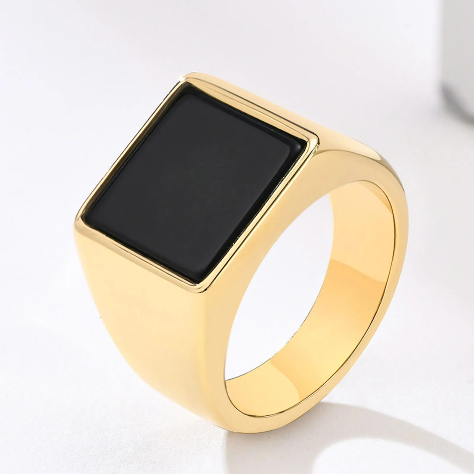 Fashion Golden Glossy Square Seal Stainless Steel Resin Geometric Men\'s Punk Rock Ring Party Jewelry Wedding Accessories