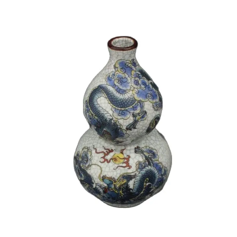 Chinese Old Porcelain Vase Cracked Glazed Dragon Pattern Gourd Vase