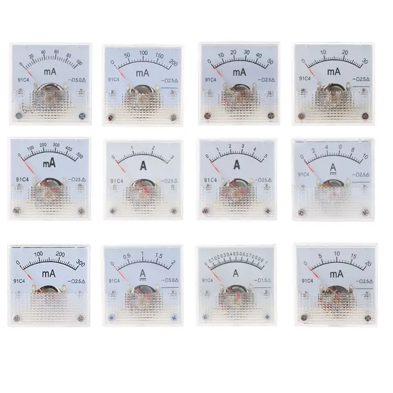 91C4 Ammeter DC Analog Current Meter Panel Mechanical Pointer Type 1/2/3/5/10/20/30/50/100/200/300/500mA A