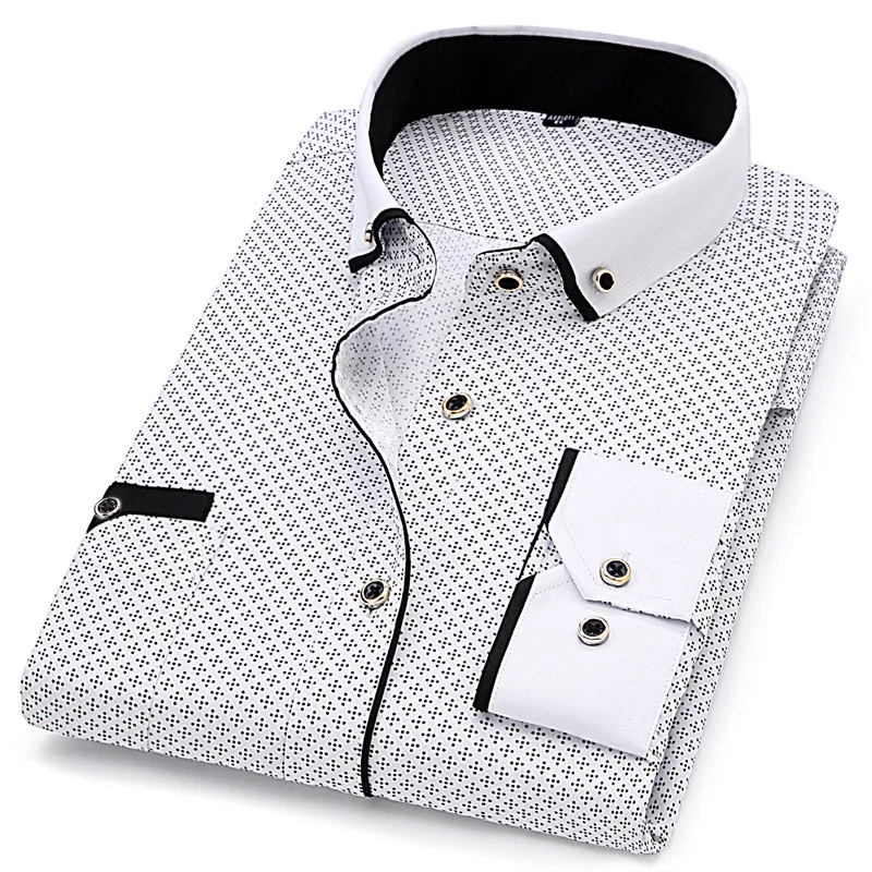 Classic Men's Long-sleeve Shirt Polka Dot Printing Business Casual Office Dirt-resistant Neckline Design Slim Youth Daily Wear