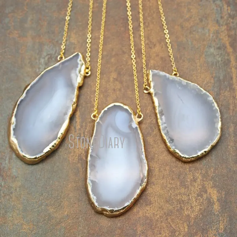 

NM15231 10Pcs Sideways Double Bails Natural Stone Agates Slice Gold Color Free Form Chains Necklaces 18-32inch