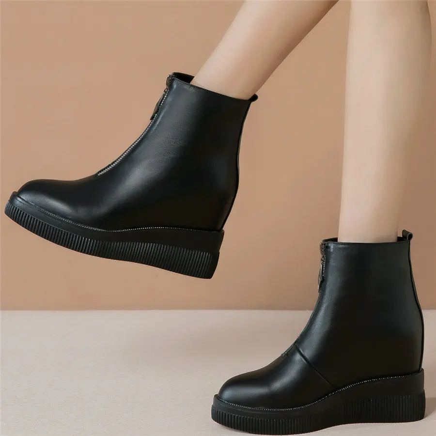 

New Platform Creepers Women Genuine Leather Wedges High Heel Ankle Boots Female High Top Round Toe Fashion Sneakers Casual Shoes