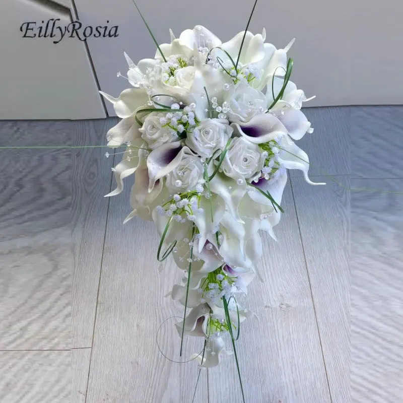 

EillyRosia Original Design Cascade Wedding Bouquet for Bride Calla Lily Gypsophila Waterfall Bridal Bouquet Rhinestones Pearls