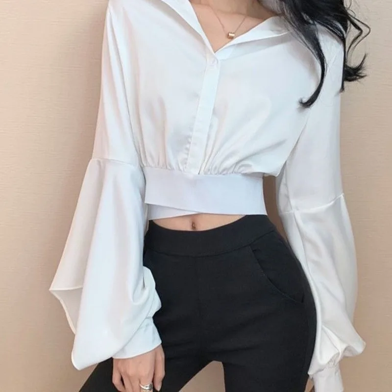 Blouses Women Pure Fashion Ins Casual Design Summer Soft Solid Daily V-Neck Flare Sleeve Cropped 2021 Newest Clothes Aesthetic