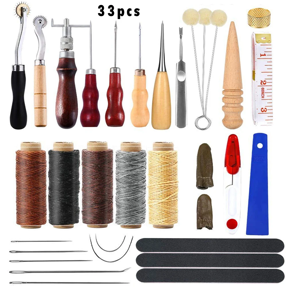 

33Pcs Leather Sewing Kit Upholstery Repair Kit with Waxed Thread Awl Scissors Tape Measure for Leather Sewing Repair Bookbinding