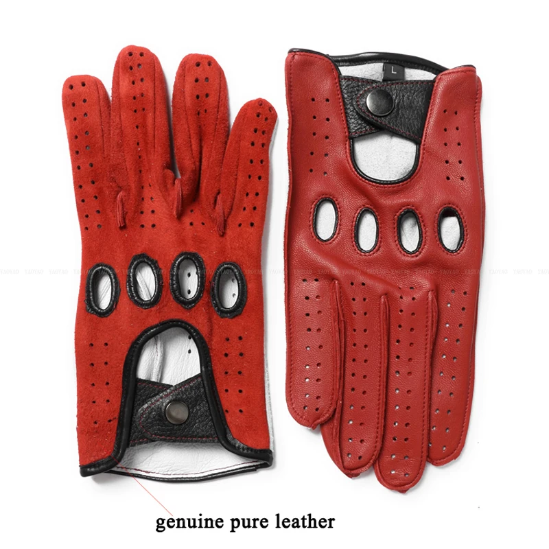 Sports Leather Gloves For Men Male Porous Breathable Pure Unlined Goatskin Mittens Red White Patchwork Hombre Guantes Moto Luva