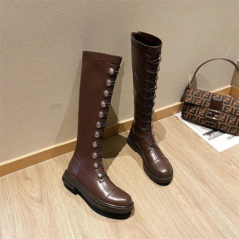 Meotina Real Leather Med Heel Knee High Boots Women Boots Block Heel Slim Stretch Shoes Zipper Female Long Boots Autumn Winter