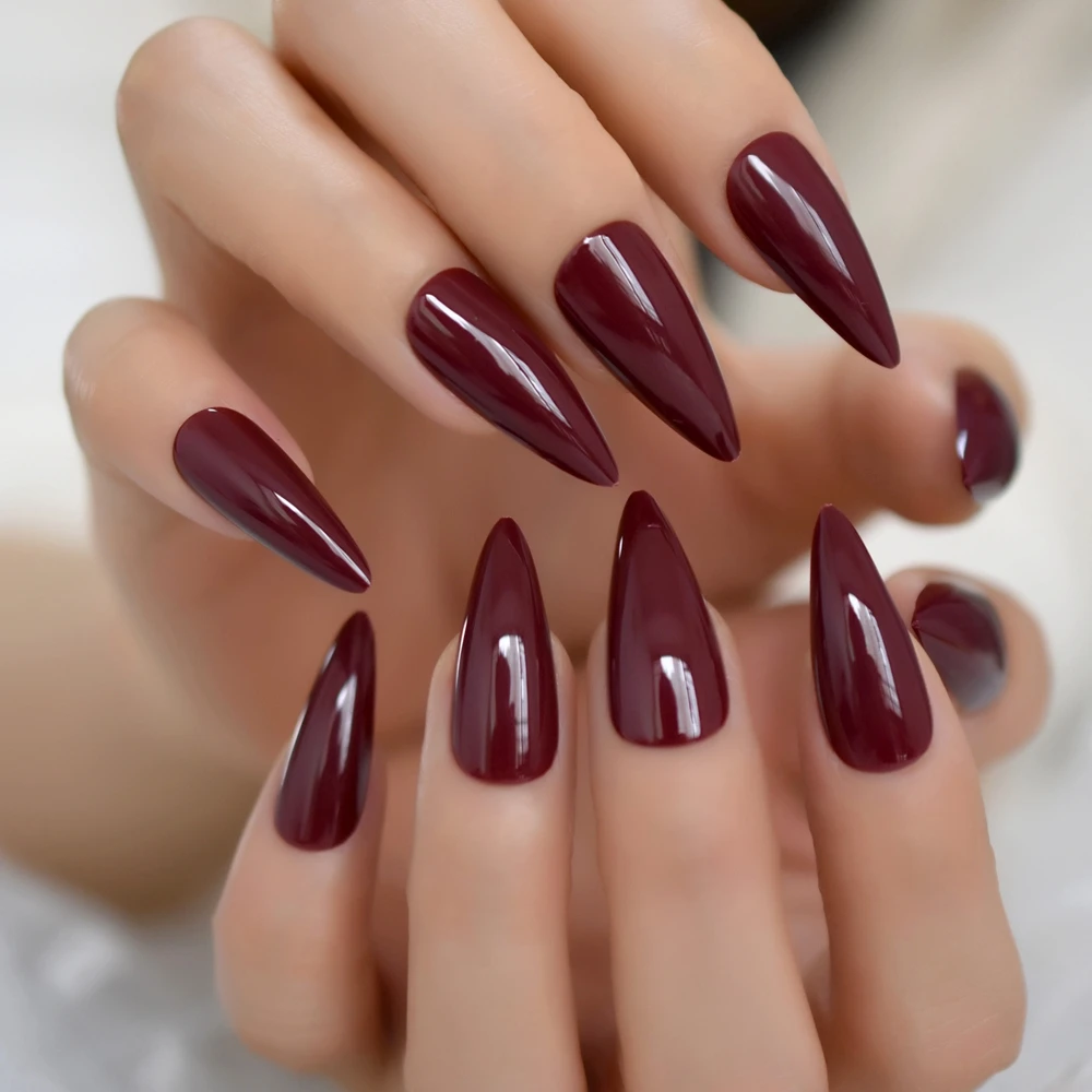 24pcs Burgundy Point Stiletto False Nail Tips Acrylic Salon Full Cover Press On Fake Nails With Jelly Glue Sticker