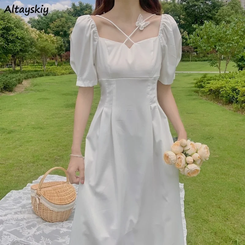 

Dresses for Women White Vintage Summer Temperament Korean Style Casual Simple Solid Elegant Trendy Sweet Female Vestidos Bandage