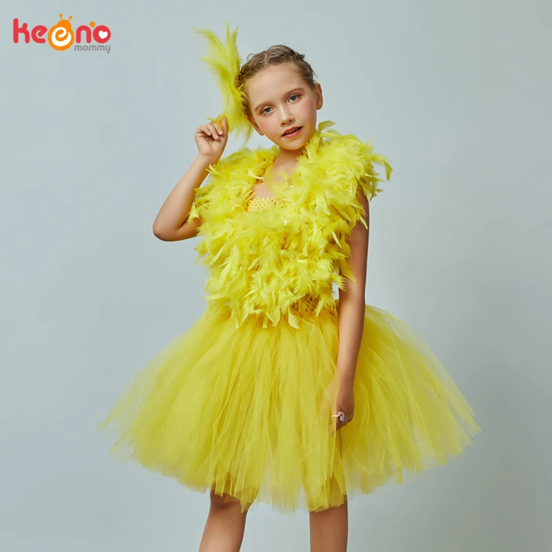 Yellow Chicken Tutu Dress Girls Kids Farm Animal Party Halloween Costume Feather Wings Children Cake Smash Photo Tulle Dress