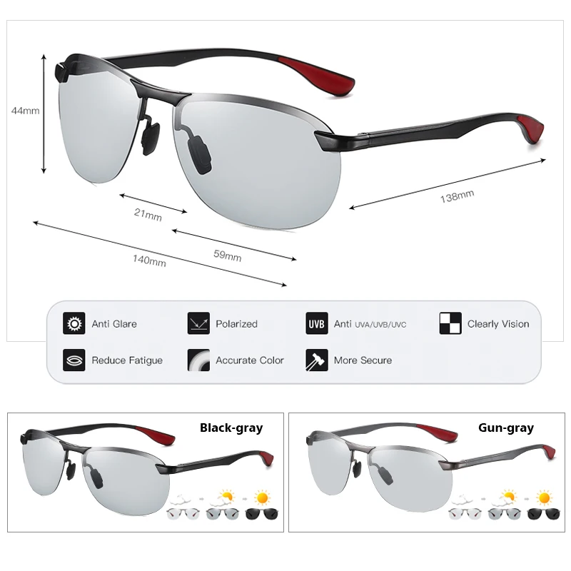 Brand Rimless Intelligent Photochromic Sunglasses Polarized Men Women Anti-Glare Driving Sun Glasses Unisex Chameleon UV400 Lens