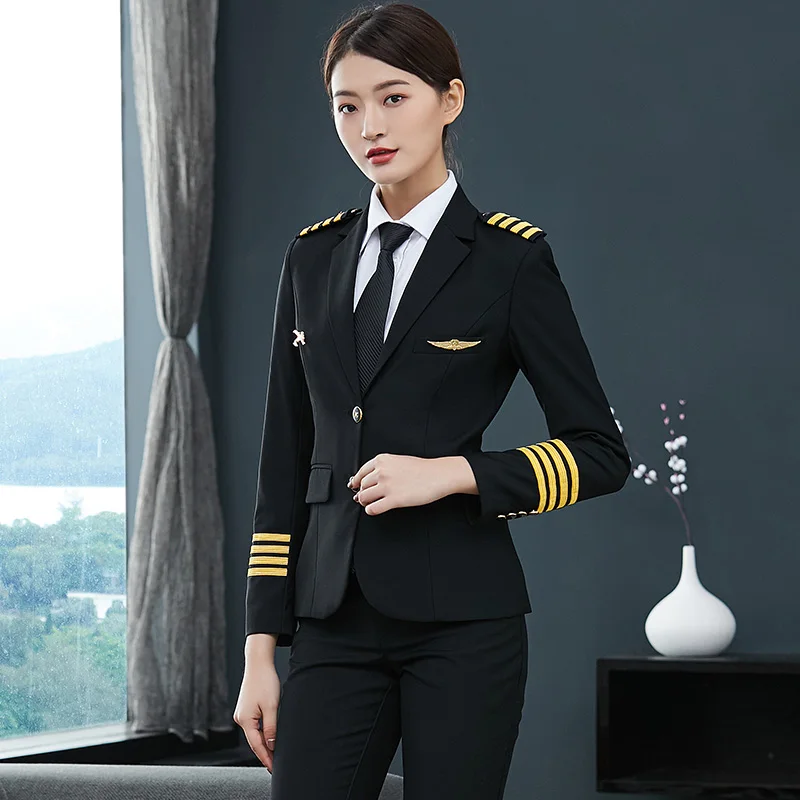 Traje de uniforme de aerolínea para mujer, chaqueta + Pantalones, asistencia aérea, gerente de ventas de Hotel, ropa profesional, uniforme de capitán piloto femenino