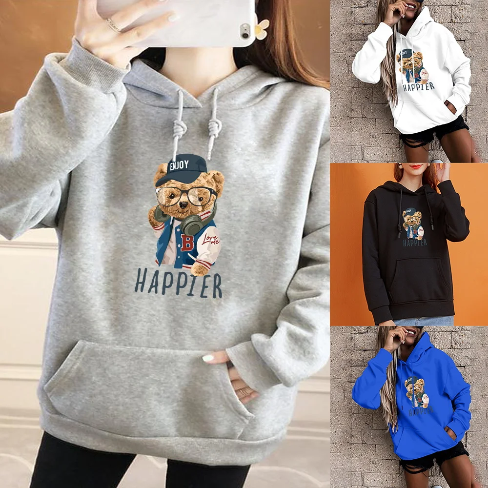 Hoodie Ladies Sweatshirt Casual Sports Hoodie with Glasses Cute Bear Print Harajuku Loose Long Sleeve Big Pocket Sports Pullover