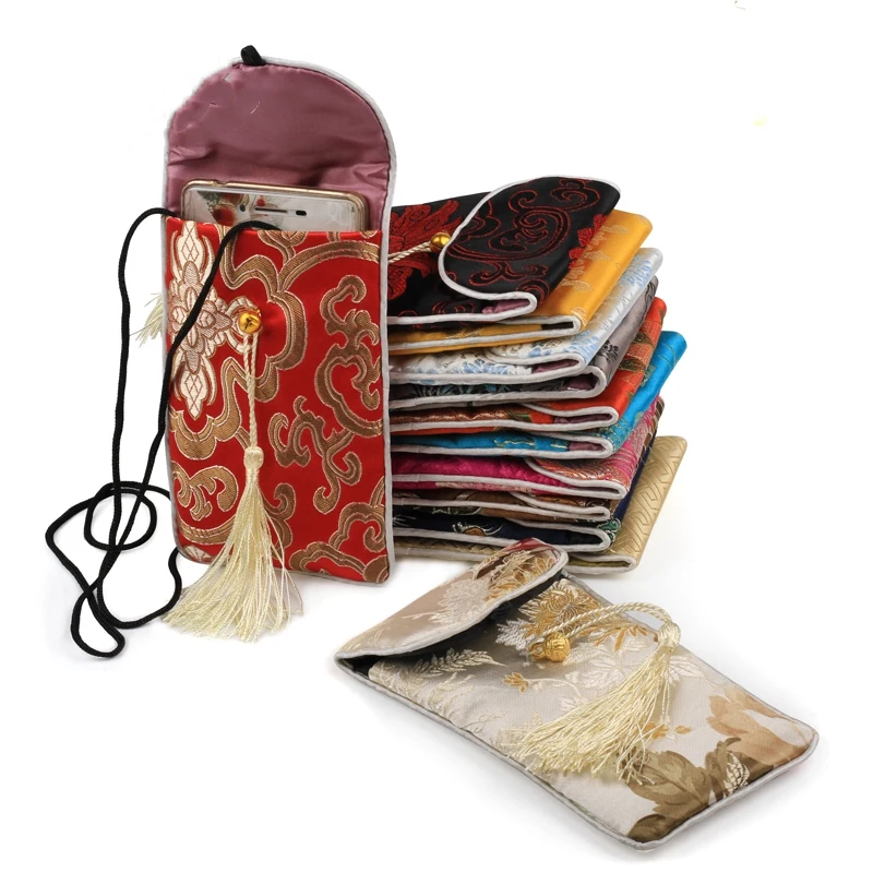 10pcs Chinese Silk Brocade Jewelry Packaging Bags Universal Flip Fabric Phone Pouches for Ladies Pouch Glasses Cases with Strap