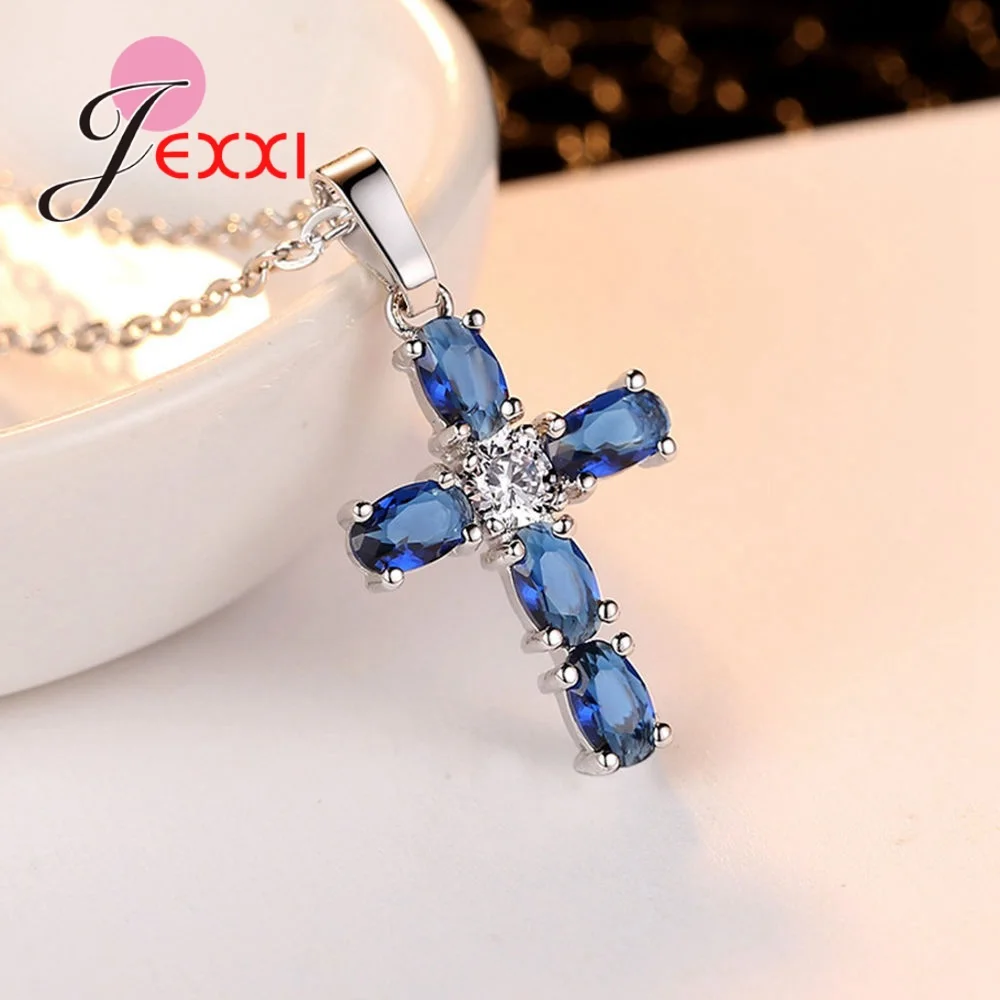 Big Discount Genuine 925 Sterling Silver Color Necklace With Shiny Blue CZ Crystal Cross Pendant Latest Style Wholesale/Retail