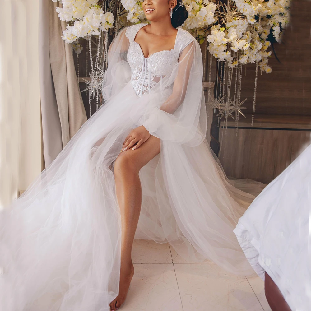 White Bride Robes Bridal Shower Dress Long Sleeve Thigh High Slits Sweep Train Lace Tulle Bride to Be Wedding Dress Customized