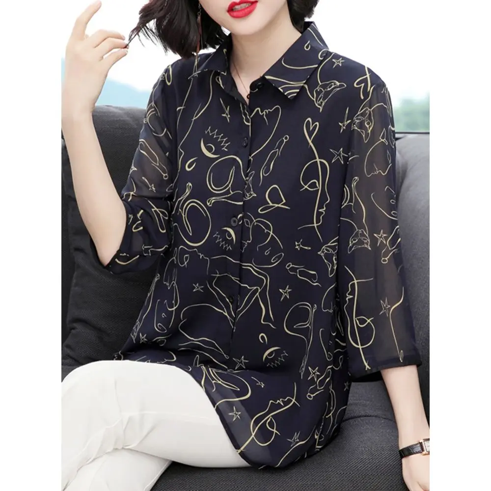 

Spring Summer Style Women Fashion Print Blouses Shirts Tops Polo-Ncek Casual Loose Blusas Large Size MM0294